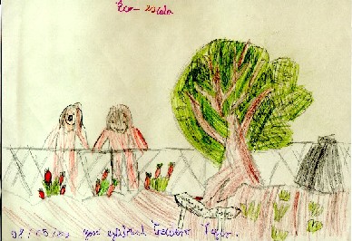 desenho de alunos a observar a horta
